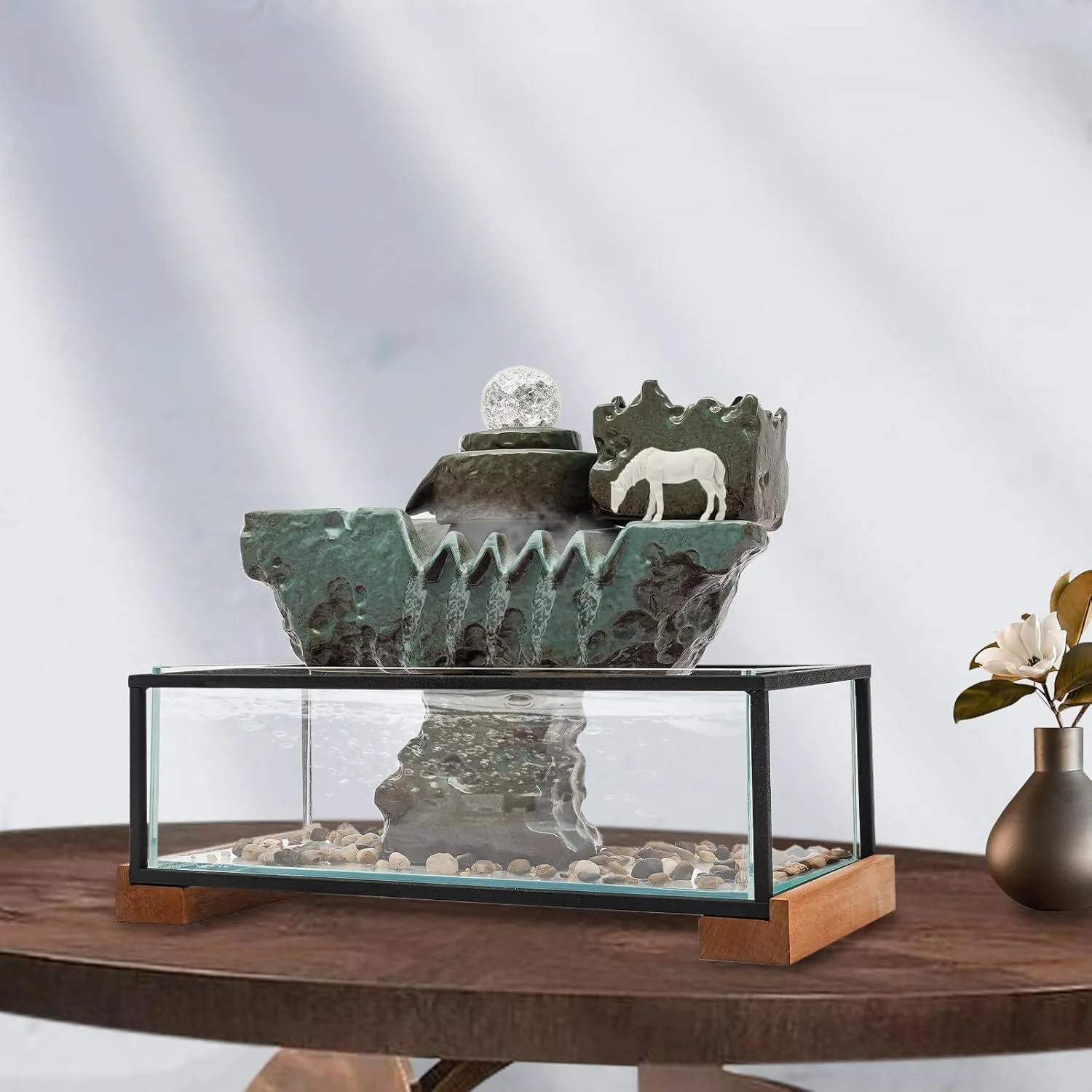 

Tabletop Water Fountain with Led Light 16*8*5in Fish Tank and Atomizer Indoor Waterfall Decor for Meditation Mist Fake Plants