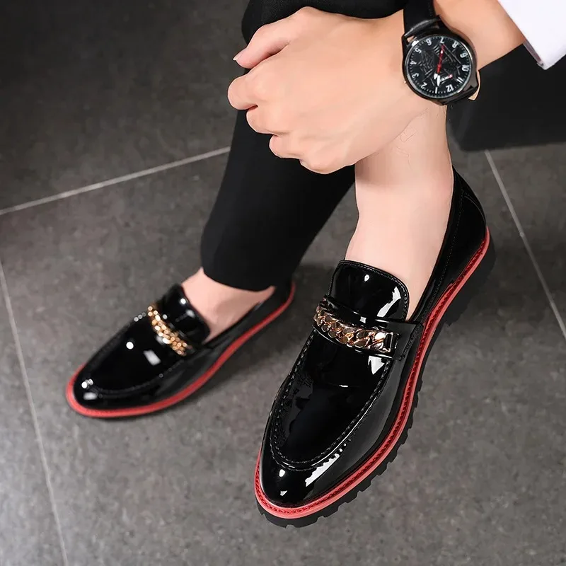 Men's Shoes Trendy Designer Men's Loafers Classic Metal Chain Business Dress Shoes New Slip-on Casual Leather Shoes Wedding Shoe