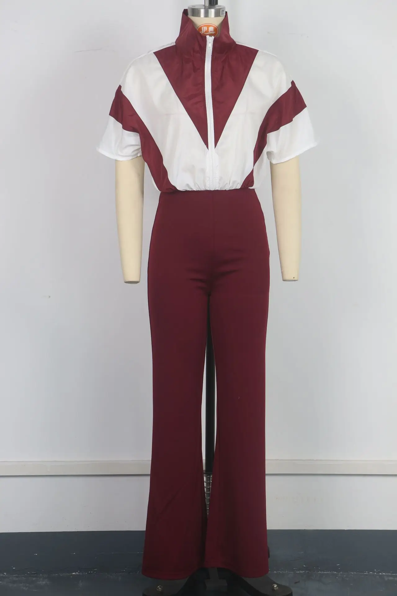 Women Jumpsuits 2025 Casual Color Contrast Short Sleeve Playsuits Elegant Rompers Lapel Collar Flared Pants Lady One Piece Set