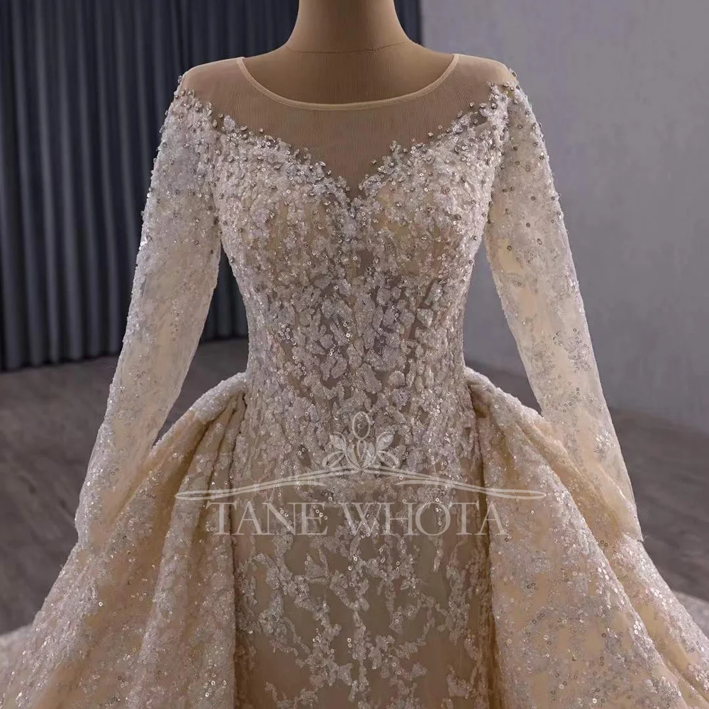 

Champagne Evening Dresses O-Neck Long Sleeve Crystal Lace Up Back Prom Party Gown For Women