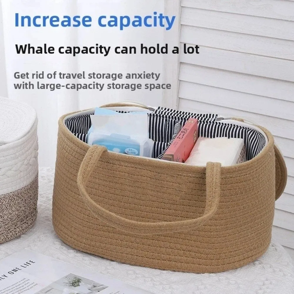 Cotton Thread Rope Mummy Handbag Divided Into Compartments Large Capacity Diaper Storage Basket Tote Bag for Diaper/Toy Storage
