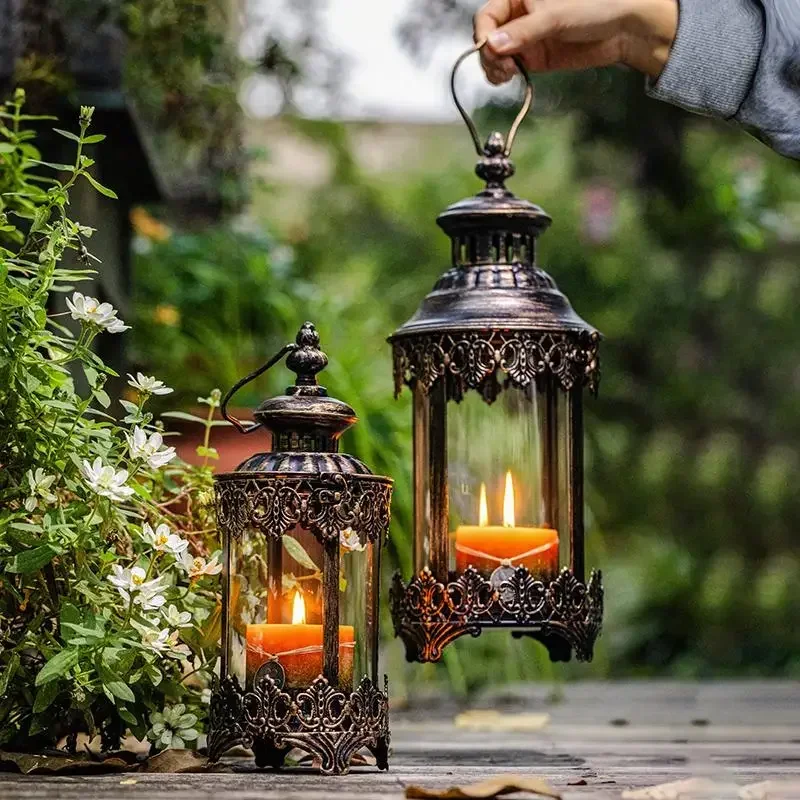yesIron Glass Candle Holder Home Decor Retro Moroccan Style Wind Lamp Outdoor Courtyard Decorative Candlestick Hanging Artwork