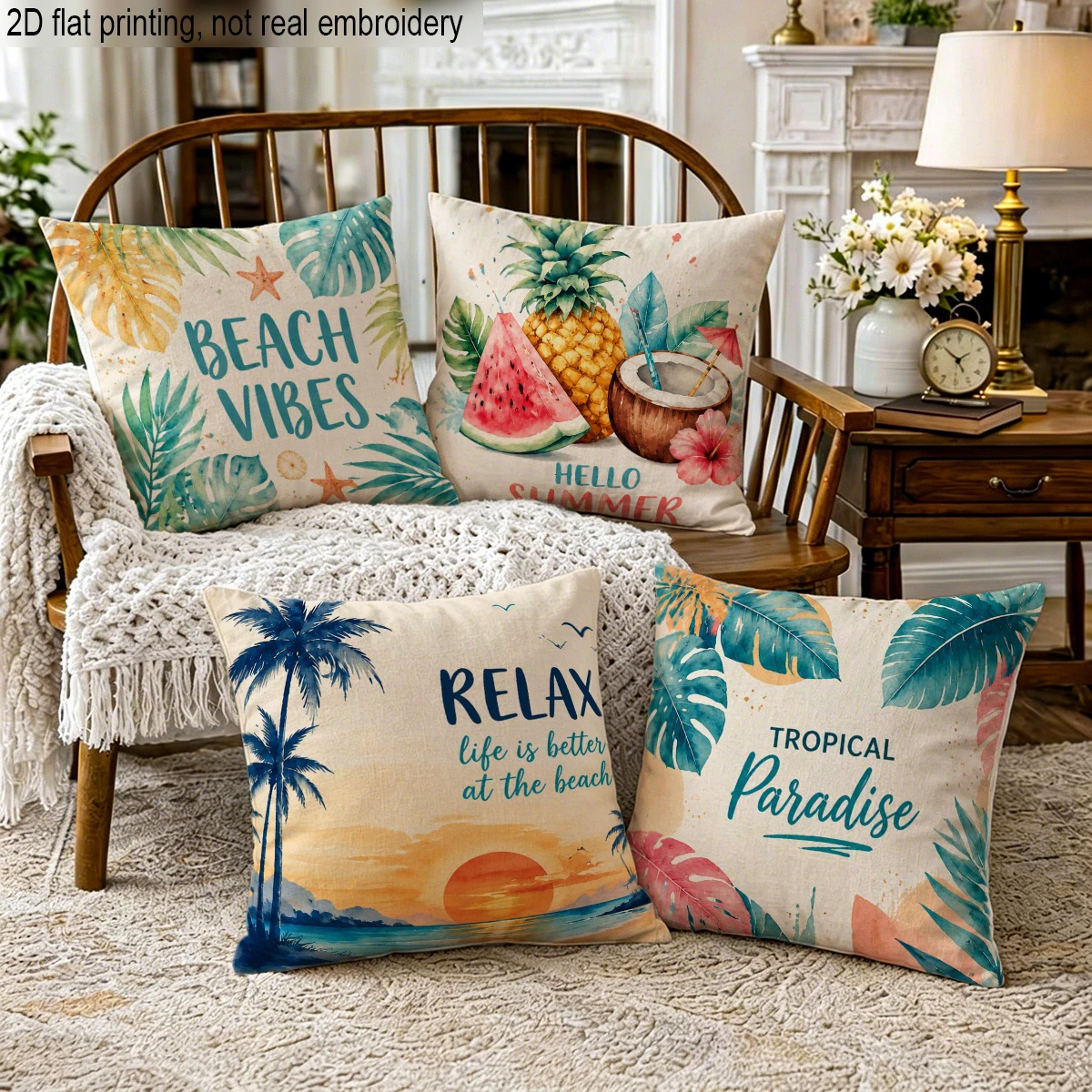 4pc Tropical Summer Beach Vibes Throw Pillow Covers Watercolor Tropical Paradise Decorative Cushion Cases for Home Sofa Patio