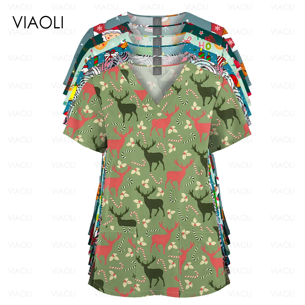 Kawaii Printing T Shirts Anime Cartoons Shirt Nursing Clothes Medical Nurse Surgical Tee Christmas Milu deer Dentist Work Tops