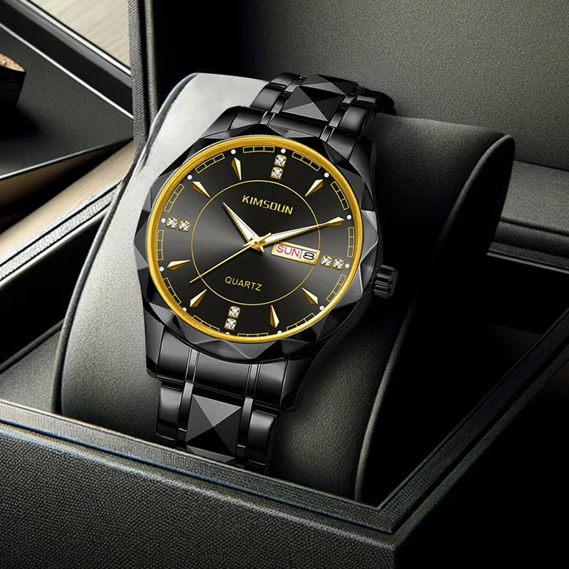 

A men's business casual calendar quartz watch with black case, black dial, black stainless steel band, and diamond accents
