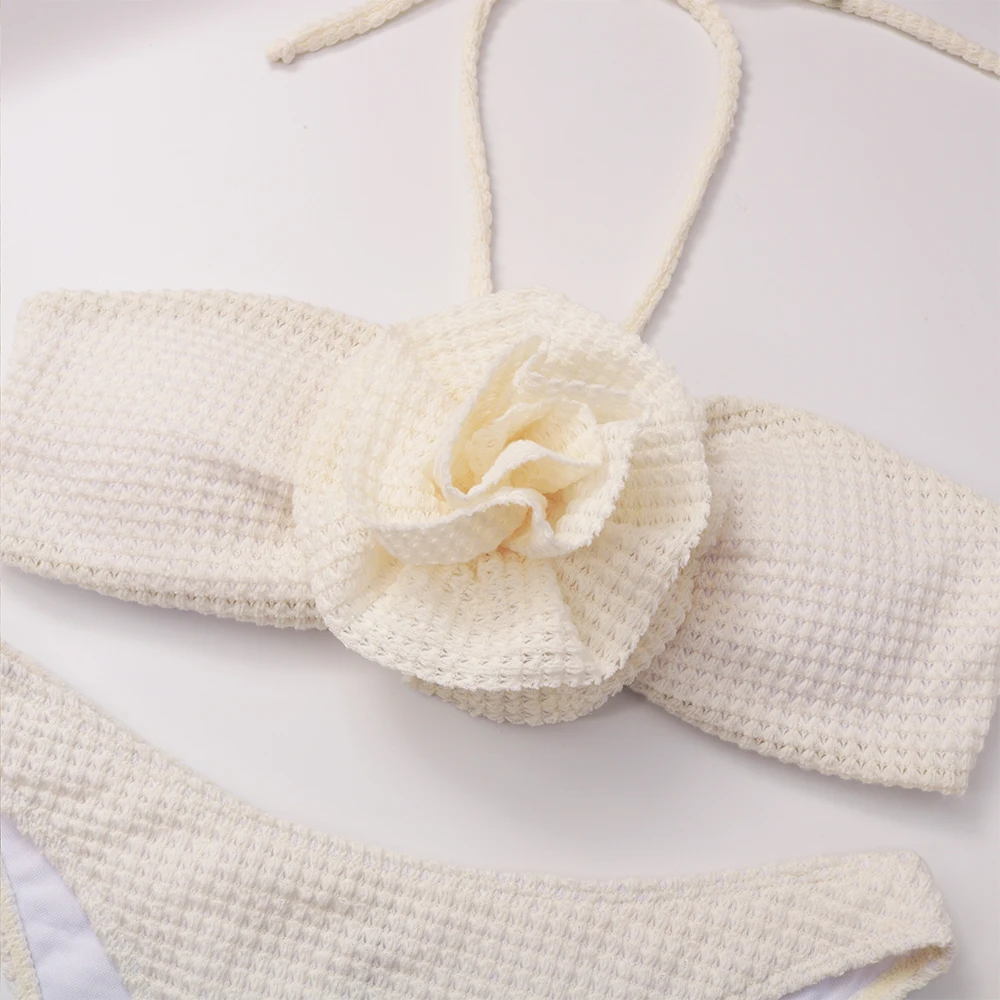 Conjunto de Bikini de tres piezas con flores para mujer, traje de baño Sexy de estilo vendaje liso, ropa de playa, 2025