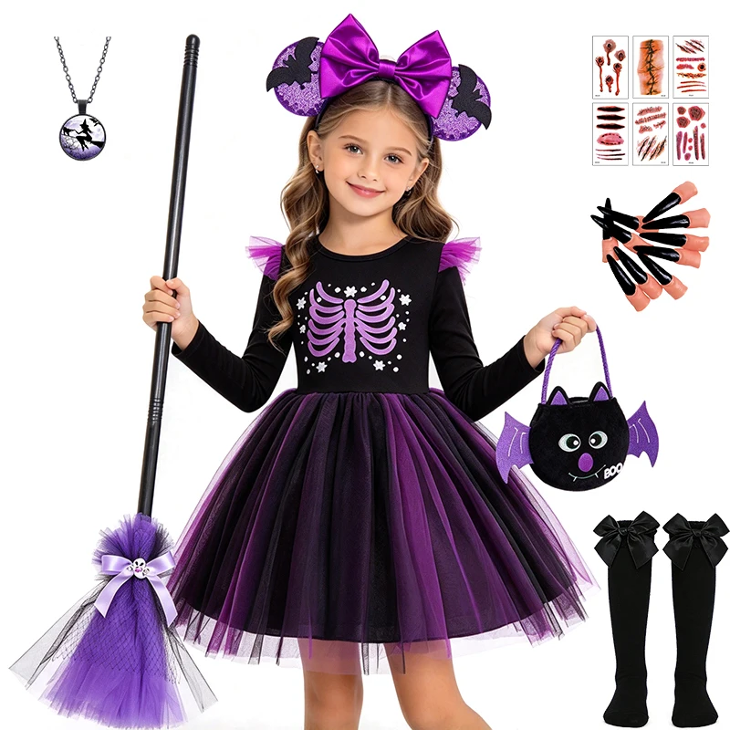 2026 Girls Halloween Skeleton Witch Tutu Dress Carnival Masquerade Stage Performance Children's Costume Fancy Ghost Kids Clothes