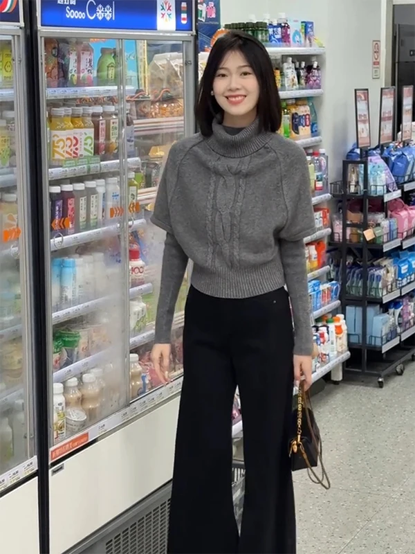 

ay Knitted Cloak Two-Piece Set Women's Inner Ne Scarf Sweater Knitted irt Commute Sle Korean Version Thiened Long S...