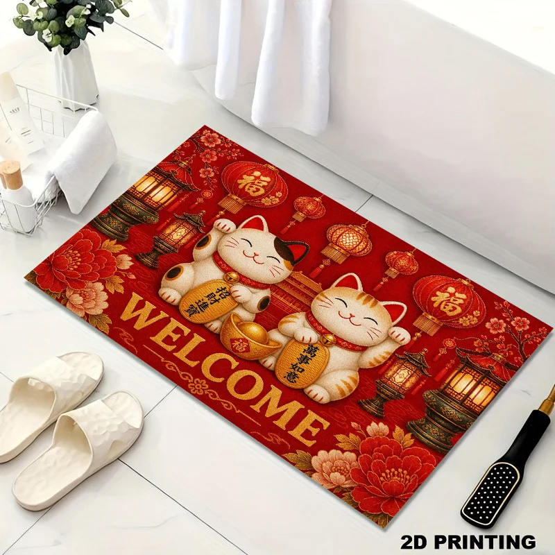 Lucky Cat Door Mat, Red Welcome Floor Rug, Chinese New Year Fortune Entrance Carpet, Non-slip Festival Home Decor Gift