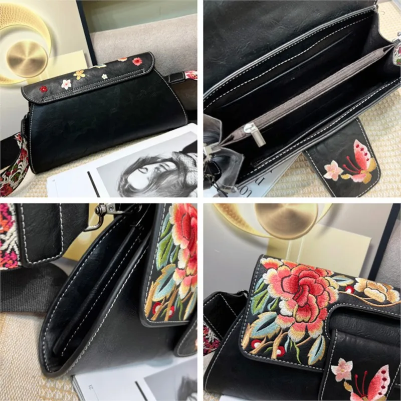 Johnature Vintage Chinese Style Embroidery Women Leather Bag  2024 New Elegant Handbag Versatile Shoulder & Crossbody Bags