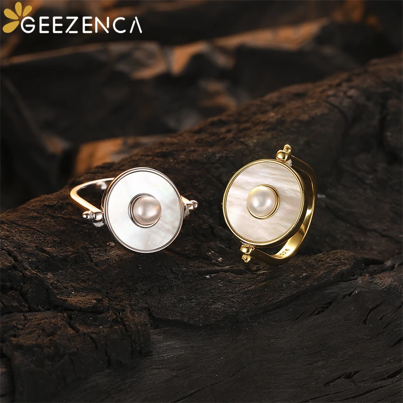 

GEEZENCA 925 Silver Natural Freshwater Pearl White Mother of Pearls Round Rotatable Rings For Women Chic Open Ring 2023 New Gift