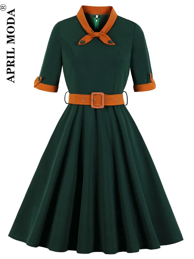 Dark green summer spring women 50s 60s tunic midi dress retro vintage robe rockabilly vestidos office casual 1950s short jurken