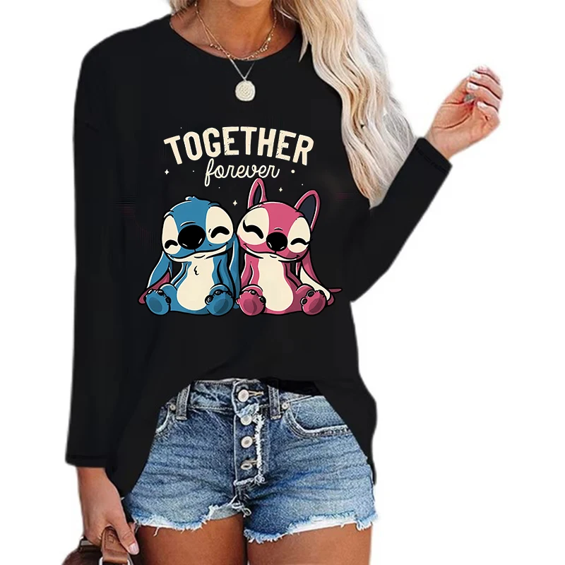 

Cartoon Graphic Tshirt Gothic Stitch Disney Funny Long Sleeve T Shirt Women Lilo Stitch T-shirt Vintage Tees Tops Female Clothes