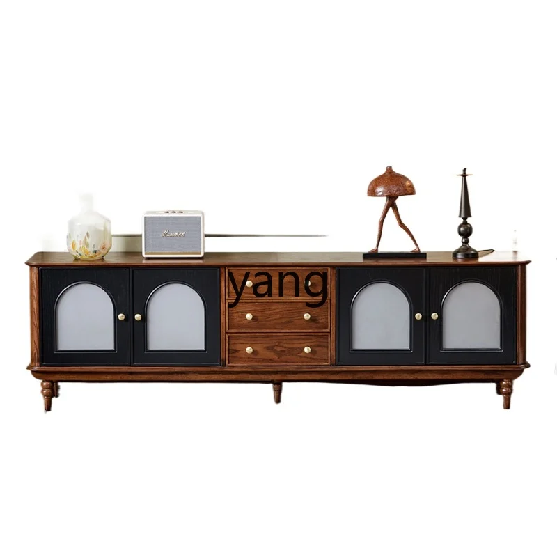 

Lmm retro pure solid wood TV cabinet, living room black medium and ancient style storage and storage integrated