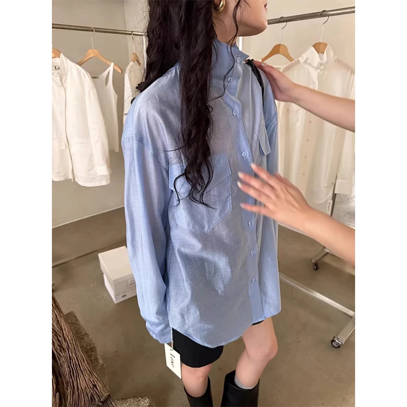 

Retro Bold Dongda Gate 26 Spring Versatile Stand Collar High End Micro Transparent Silk Long Sve Women's irt Casual Sle