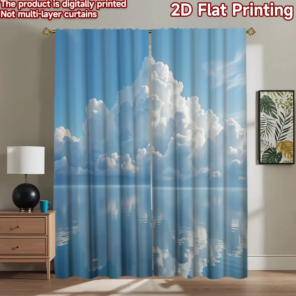 2D flat 2pcs Curtain French Romantic Style Clouds Over Calm Water Durable polyester fiber Festive Holiday Perfect for Room