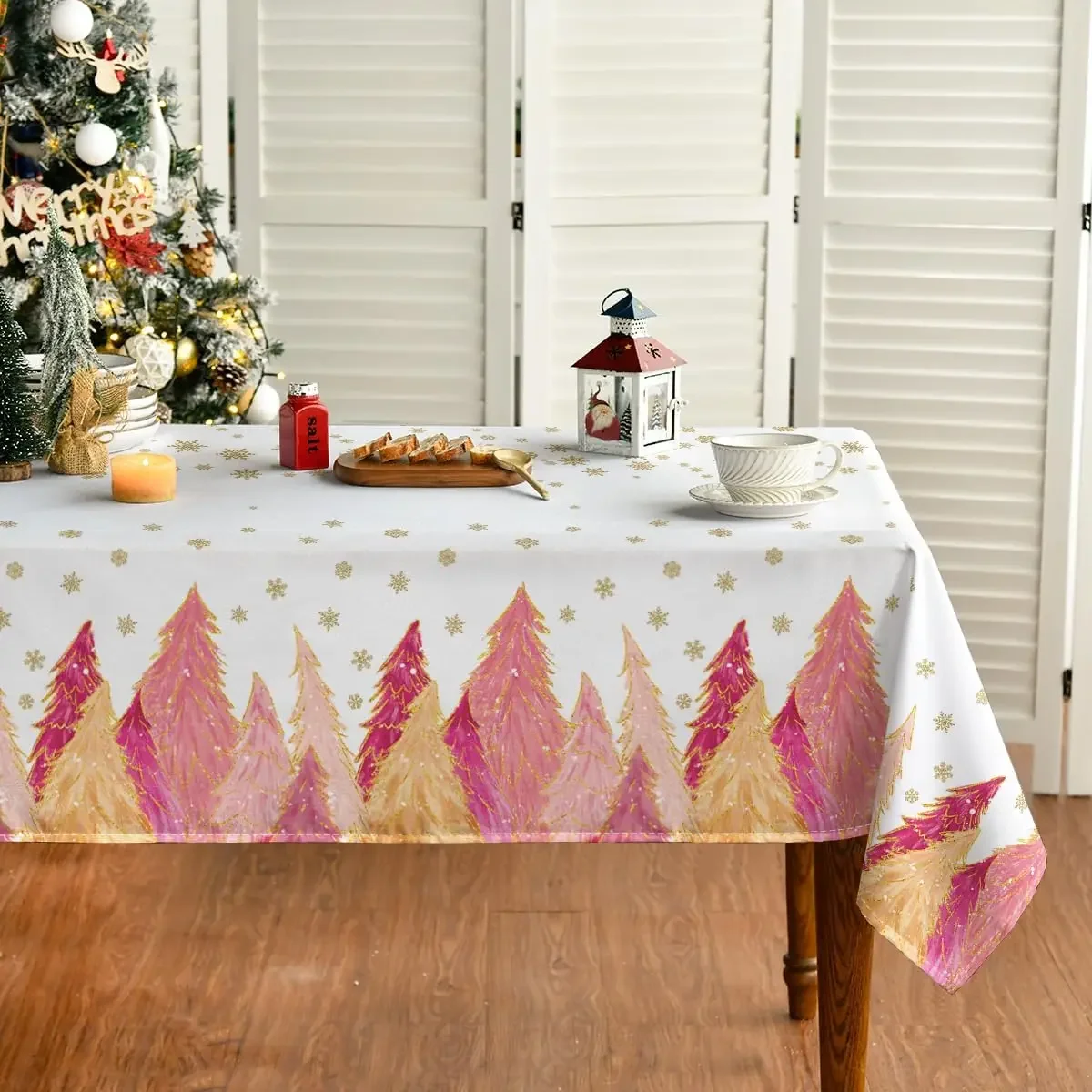 Christmas Pink Trees Rectangle Tablecloth Holiday Party Decor Winter Xmas Waterproof Tablecloth for Table Christmas Decorations