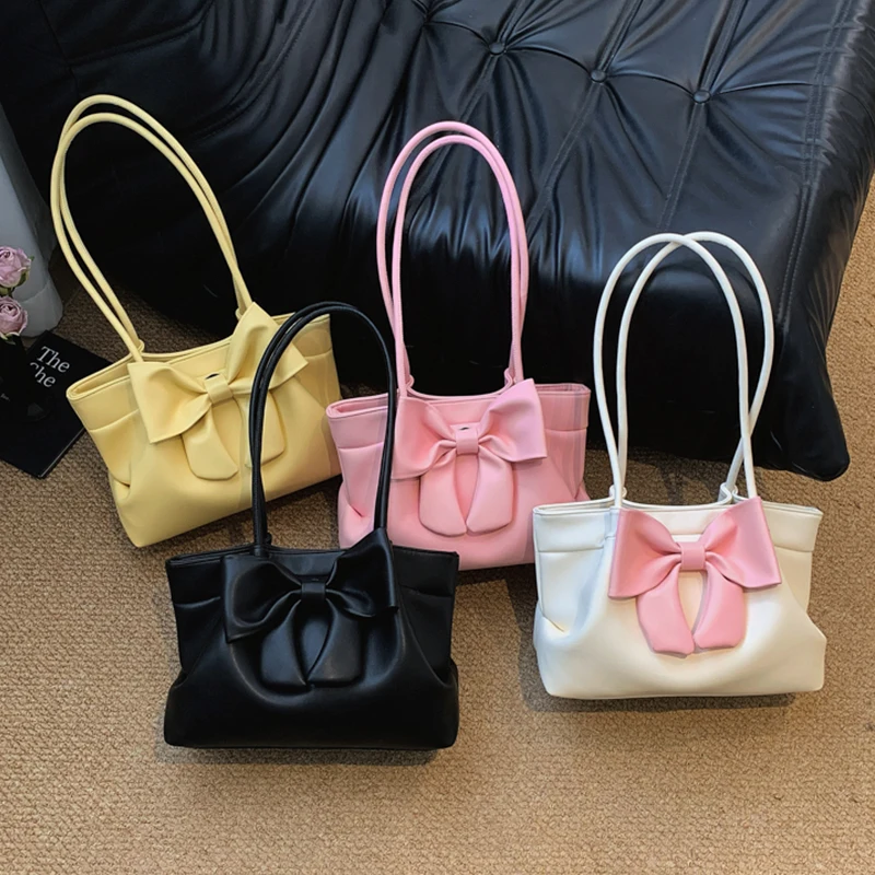 

High Quality Pu Leather Women's Bag Cute Bow Handbag Korean Y2K Fashion Commuting Shoulder Bag Large Capacity Top Handle Tote