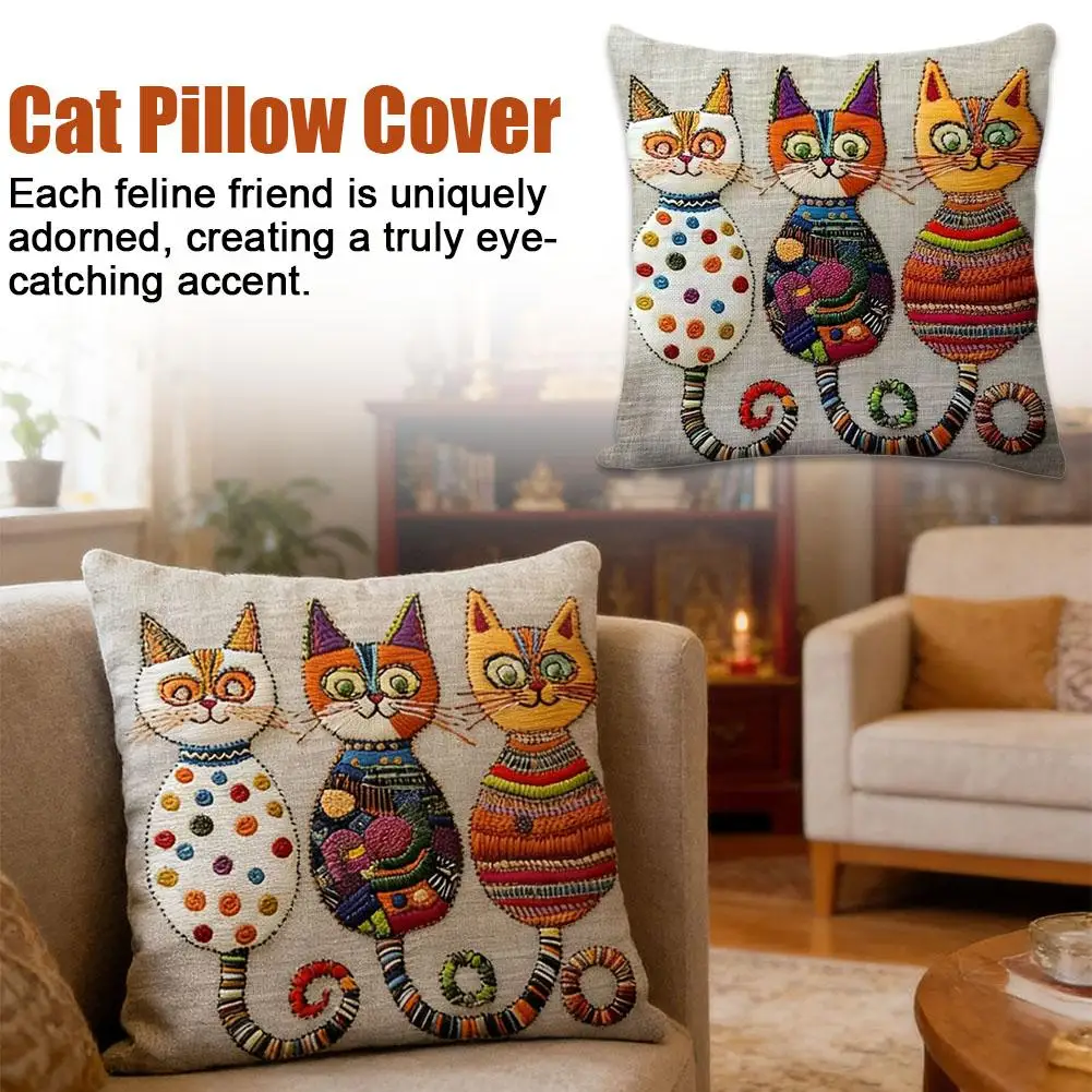 Cute Cat Pillowcase Sofa Cushion Cover Linen Square Throw Pillow Case 2D Printed Living Room Bed Home Decor Artwork 17.7inch