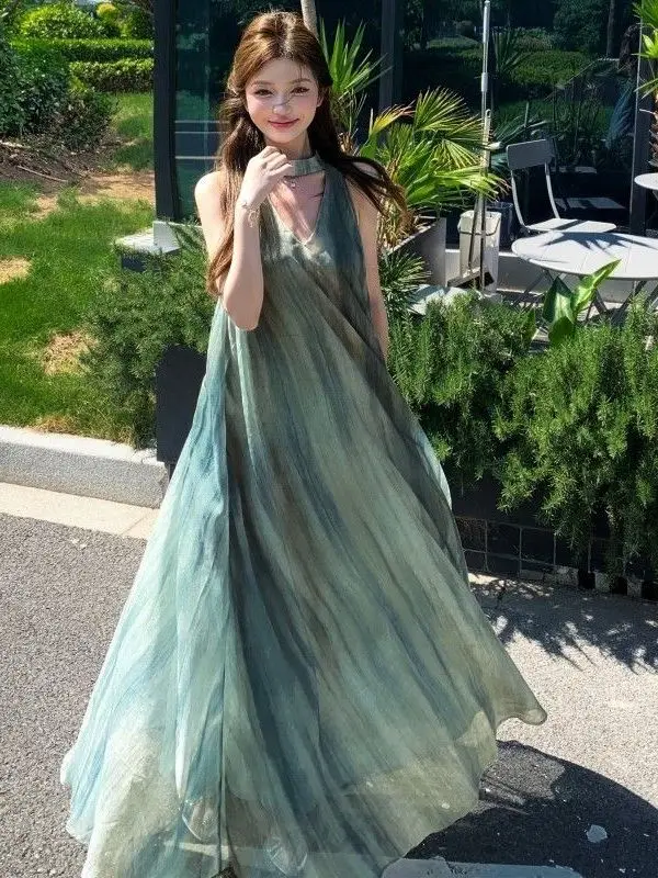 Ladies Summer V-Neck Long A-Line Dress Sleeveless Hang Neck Strapless Draped High Waist Korean Style Casual Elegant Gown