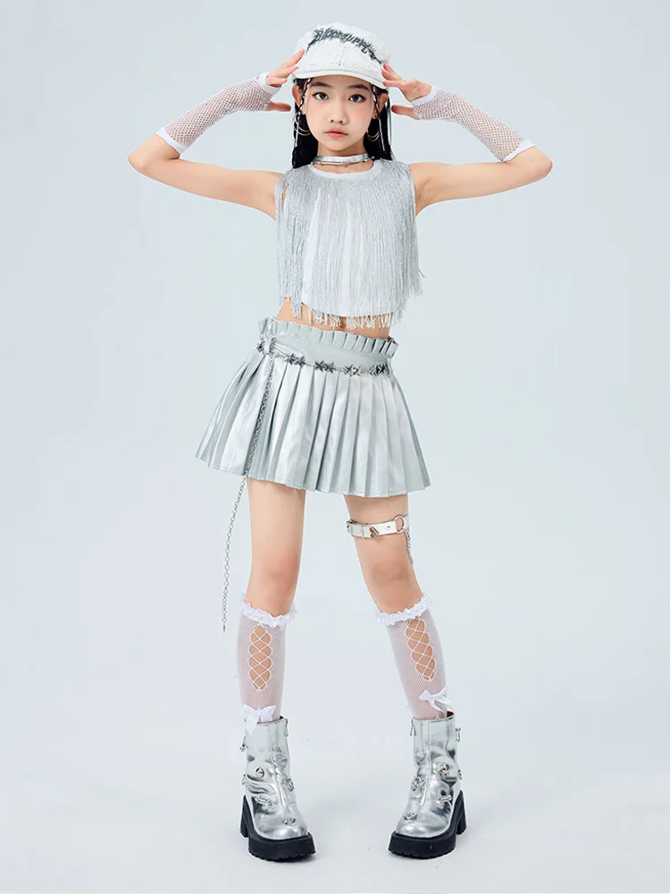 Mädchen K-pop Sets Weiß Quasten Crop Top Street Dance Kinder Hip Hop Jazz Silber Röcke Kleidung Kinder Streetwear kostüm