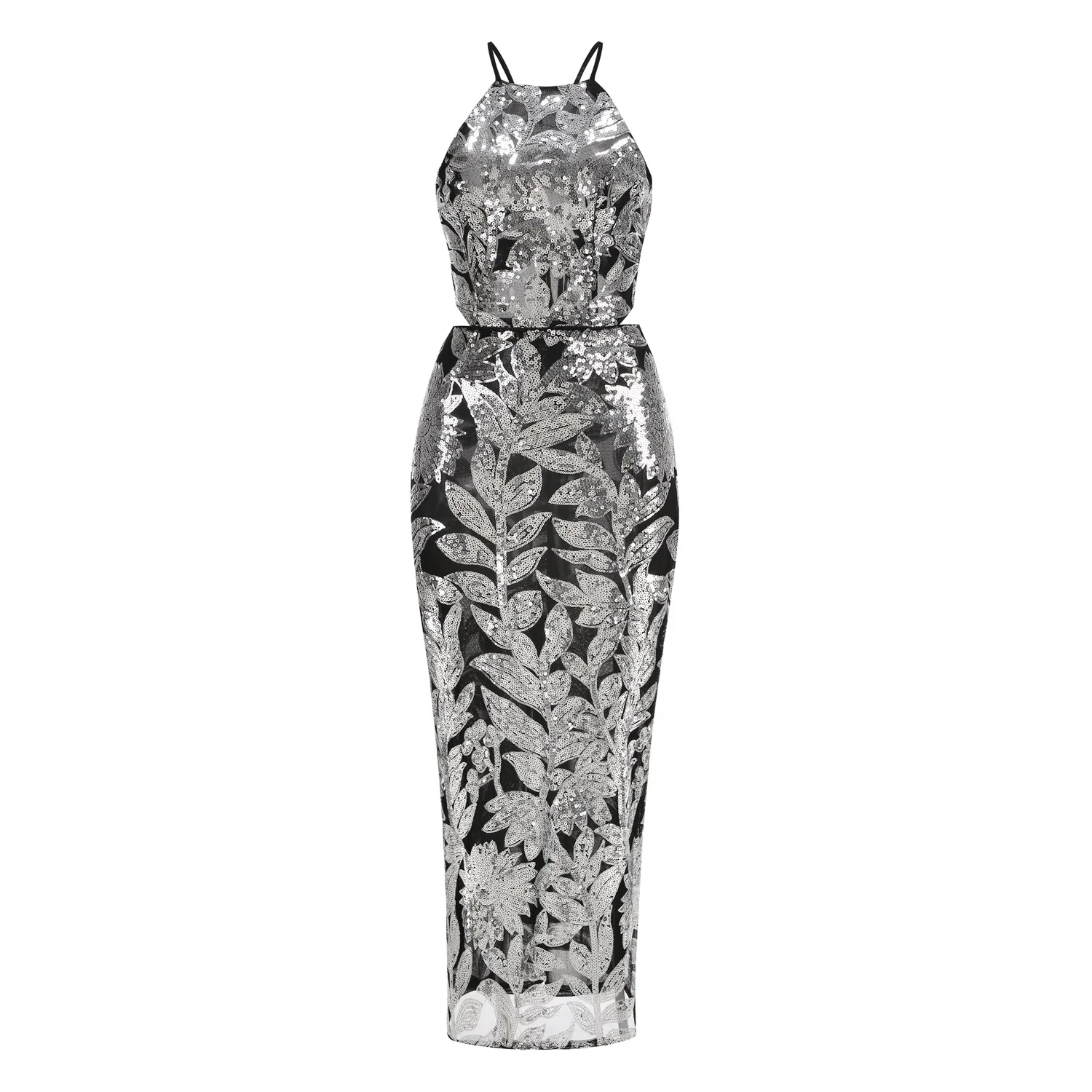 女性の高級エレガントなシルバースパンコール刺繍ノースリーブカットアウトマキシロング誕生日ドレスセレブイブニングパーティーガラドレス