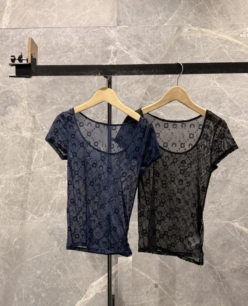 Mesh Top Women High Street Fashion Moon Plush Round Neck Short Sleeve Half Transparent Sexy Lace Slimming Summer Sweet T-Shirt