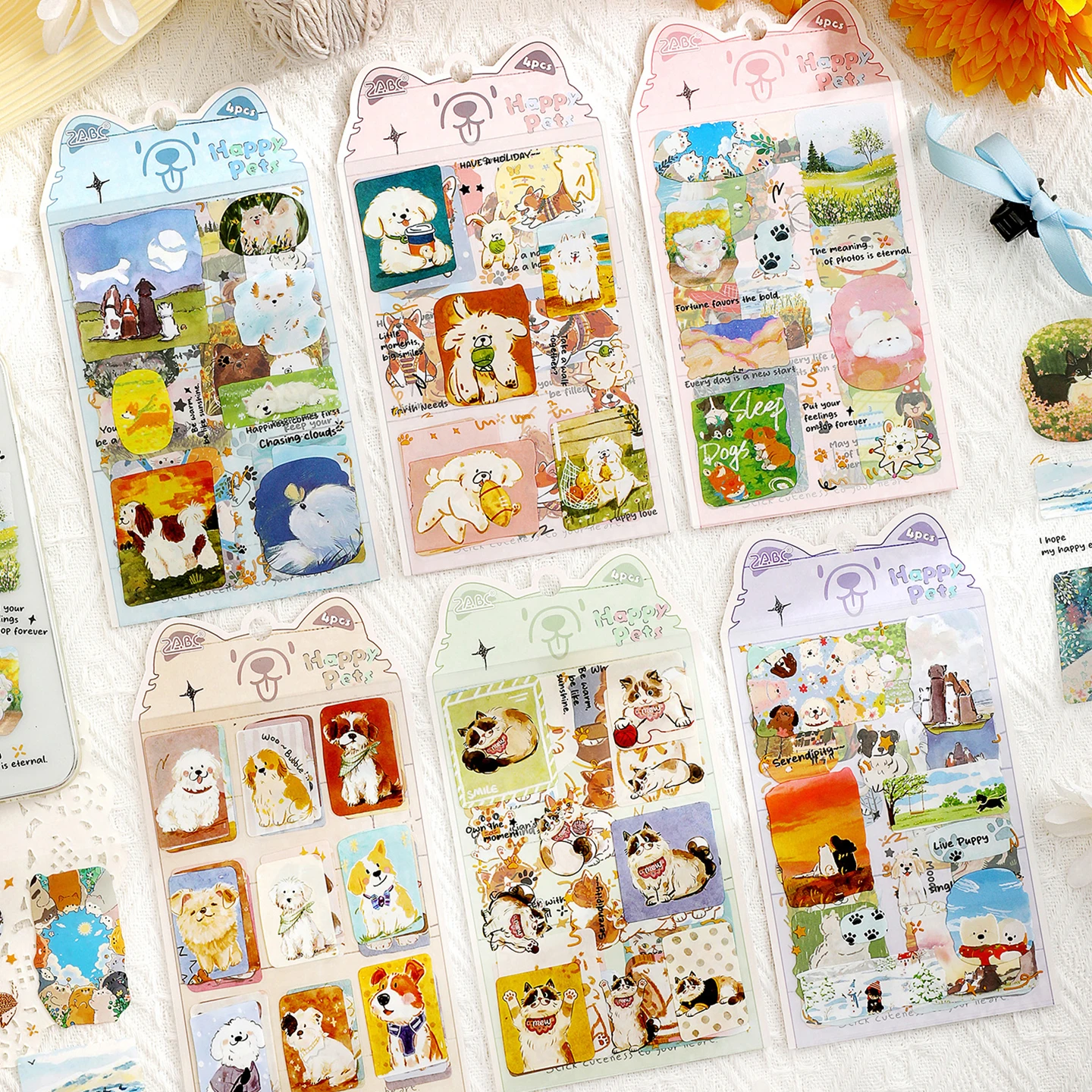 Cute Cartoon Pet Journal Stickers, High-Quality Decorative Patterns of Cats and Puppies for Water Bottles and Phone Cases DIY Decoration