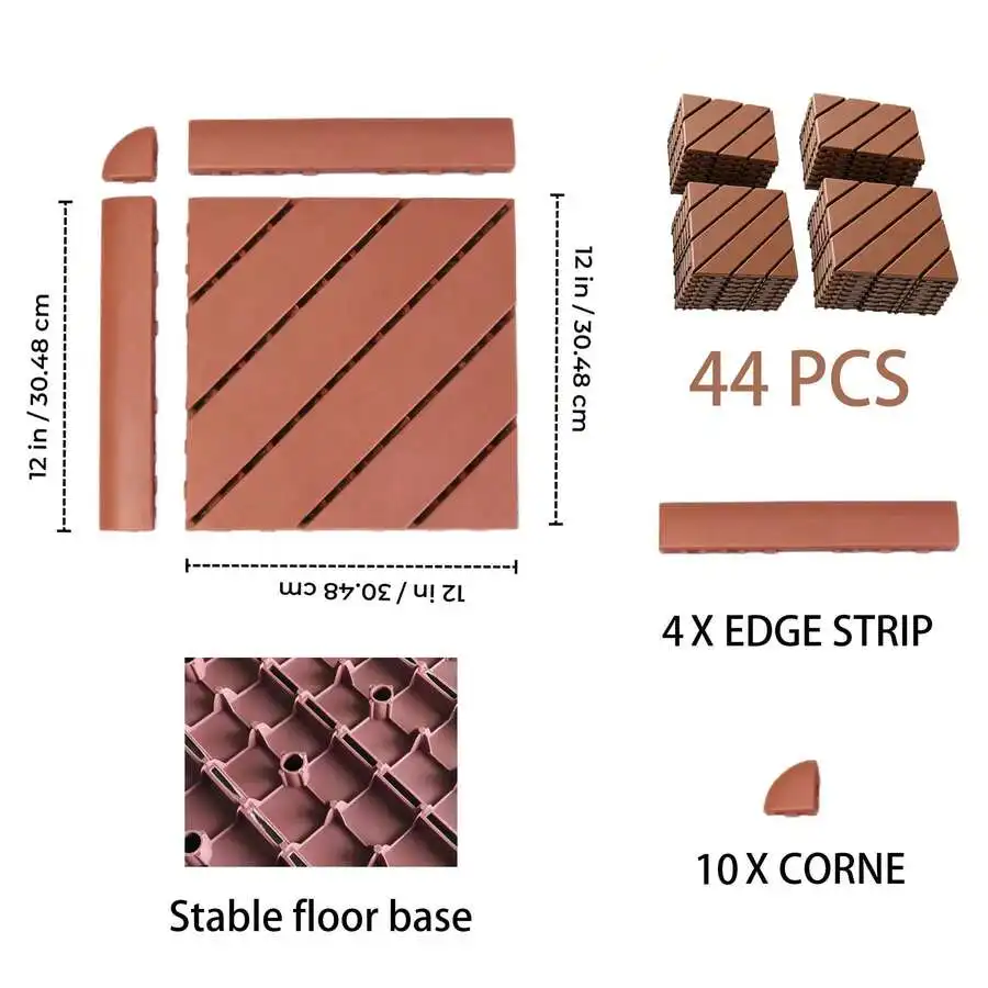 60/58 Pieces Of 12 'X12' Diagonal Interlocking Deck Tiles With Edge Strips And Corners, Waterproof And Anti Slip Terrace Floorin