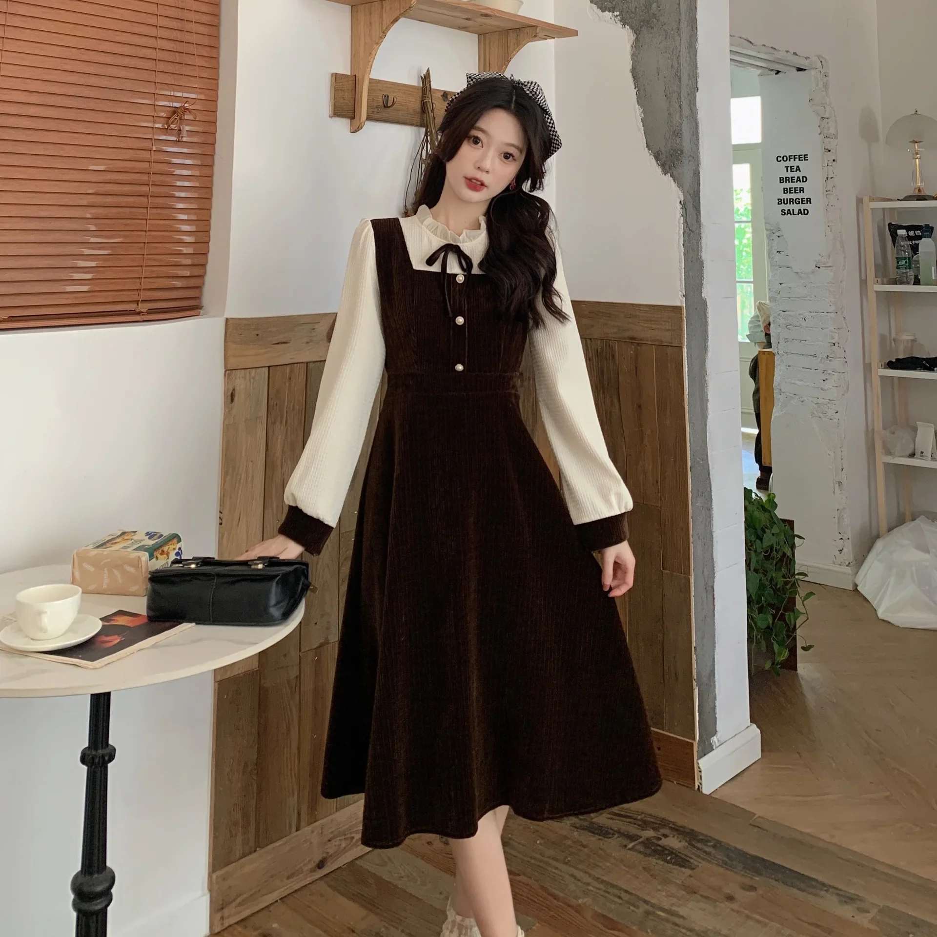 حجم كبير التخسيس النمط الفرنسي ميدي فستان وهمية قطعتين طويلة الأكمام الخريف الشتاء جديد وصول الخصر مقصوص للنساء القصيرة