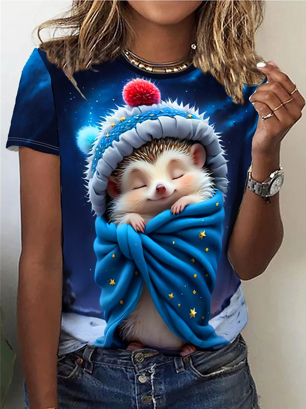 Sleeping Hedgehog Print T-shirt, Casual Crew Neck Short Sleeve Top For Spring & Summer, Women's Clothing