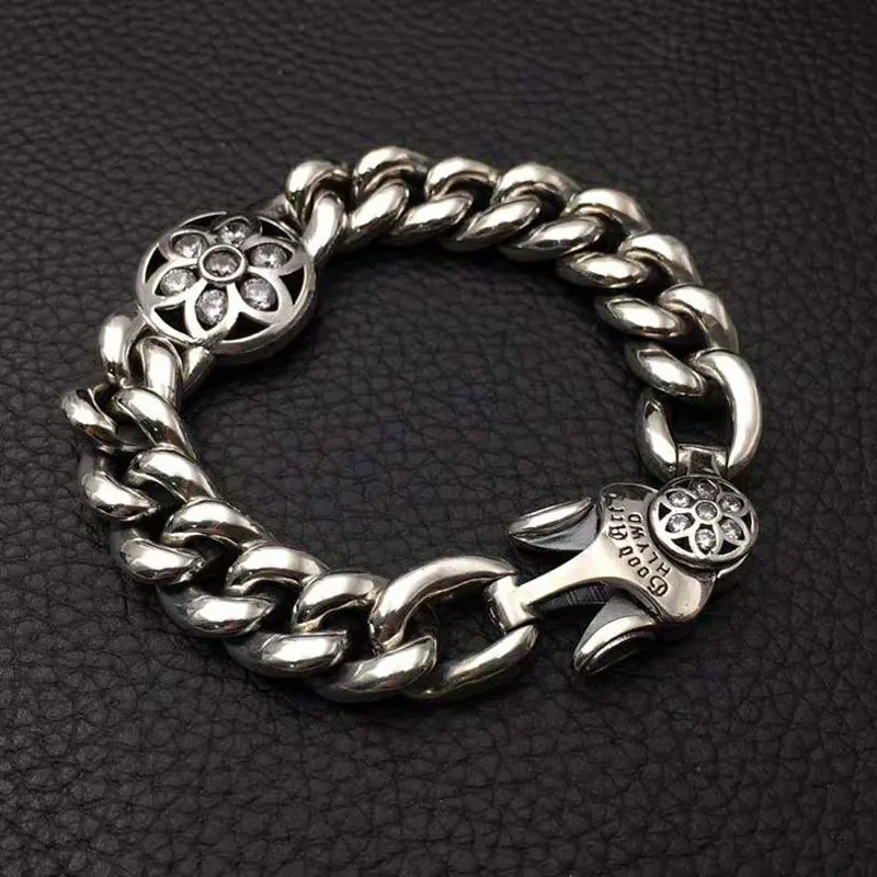 

925 sterling silver handcrafted ruffian handsome cherry blossom bracelet Thai silver maple leaf bracelet retro men domineering b