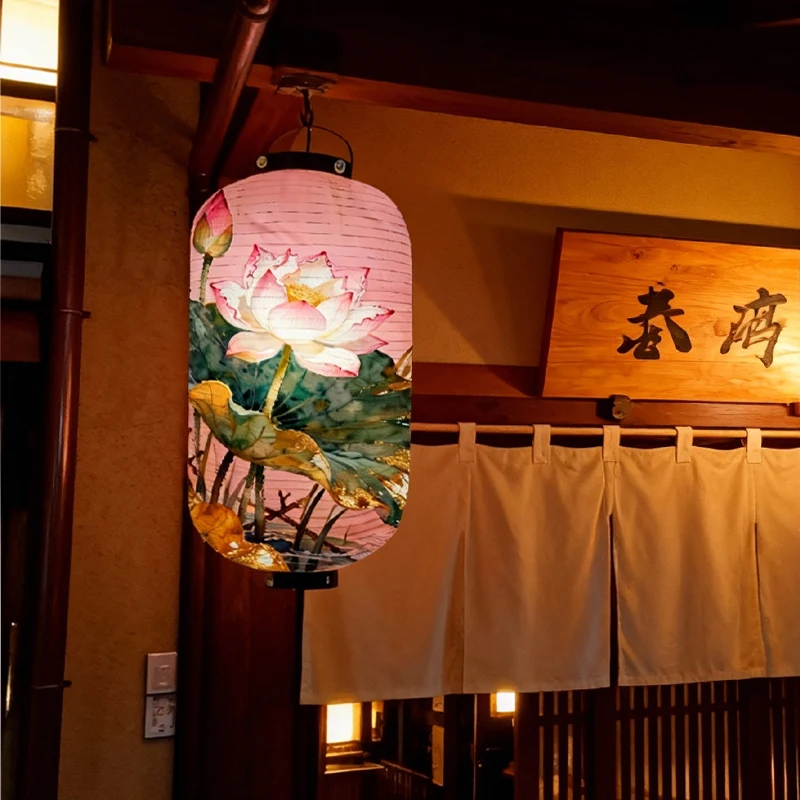 Oriental Style Cloth Lantern Japanese Traditional Ukiyo-e Lotus Printed Lantern Restaurant Bistro Spring Festival Party Decor