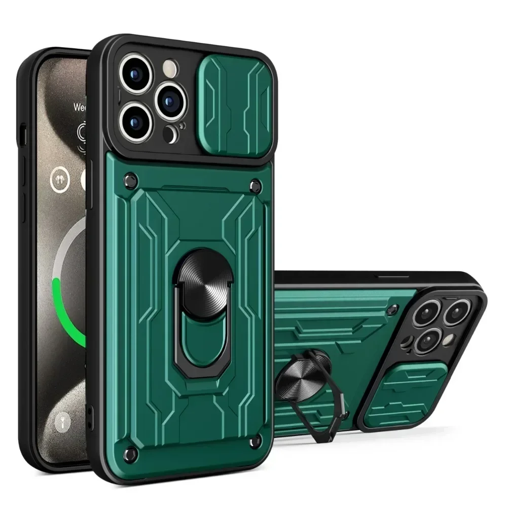 Fall Für iPhone 17 16 15 14 13 12 11 Pro Max XR XS Plus SE Rutsche Kamera Karte Slot Militär grade Ring 360 Magnetische Zurück Abdeckung