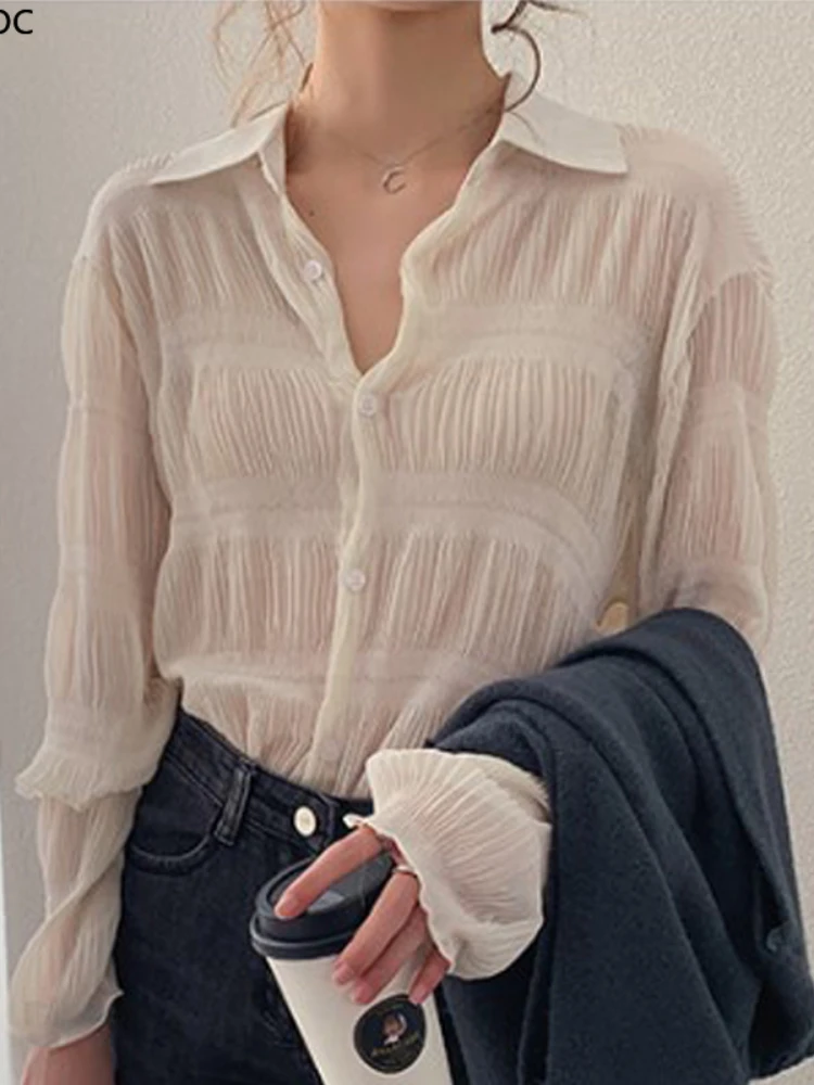 Summer Loose Casual Tops Long Sleeve Elegant Office Lady Basic Shirts Single-Breasted Black Chiffon Blouse Top 2022