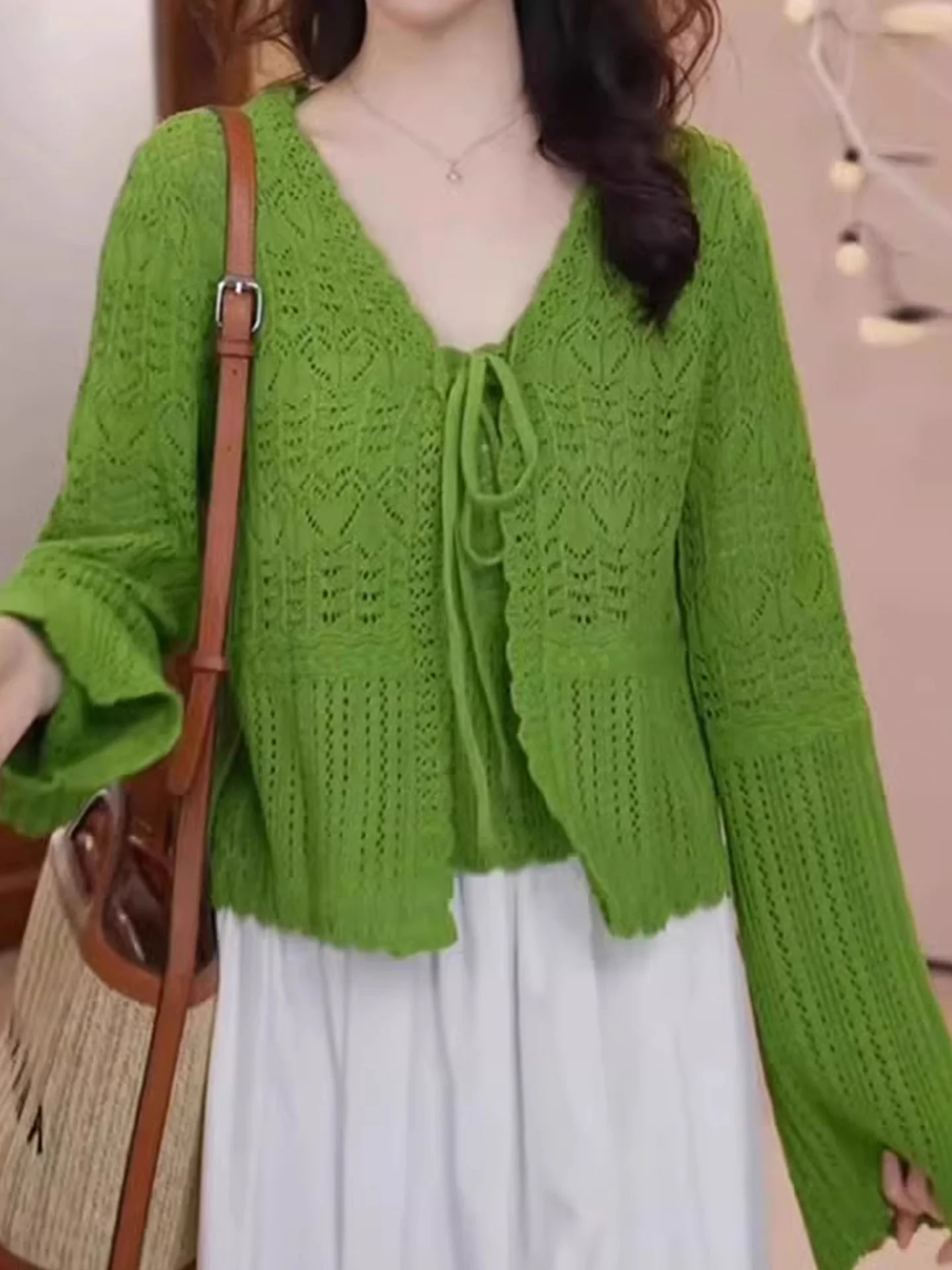 

Ele Ice Silk Knitted Long Sve Top Soft Skin-friendly Belted European Sle Summer Faion Women's Silk Blouse