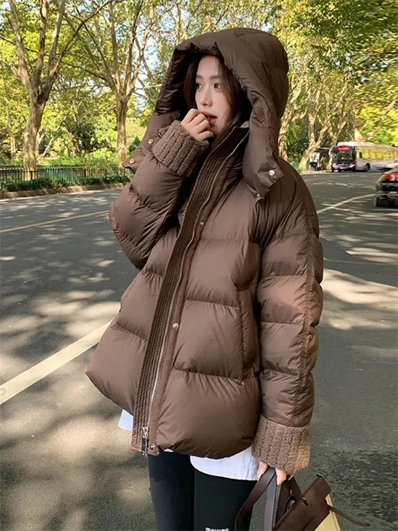 Coffee Colored Down Cotton Jacket For Women In Winter 2024 New Loose Lambhair Collar Cotton Jacket With Thick Coat