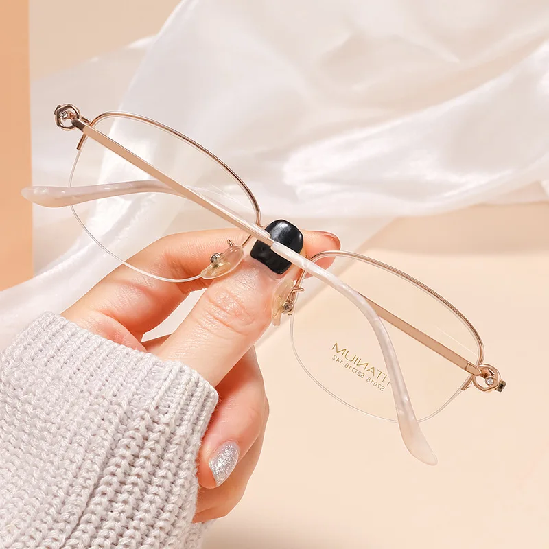 Reven Jate S7018 Pure Titanium Oval Ladies Fashion Half Rim Frame Prescription Eyeglasses for Women Optical Female Eyewear