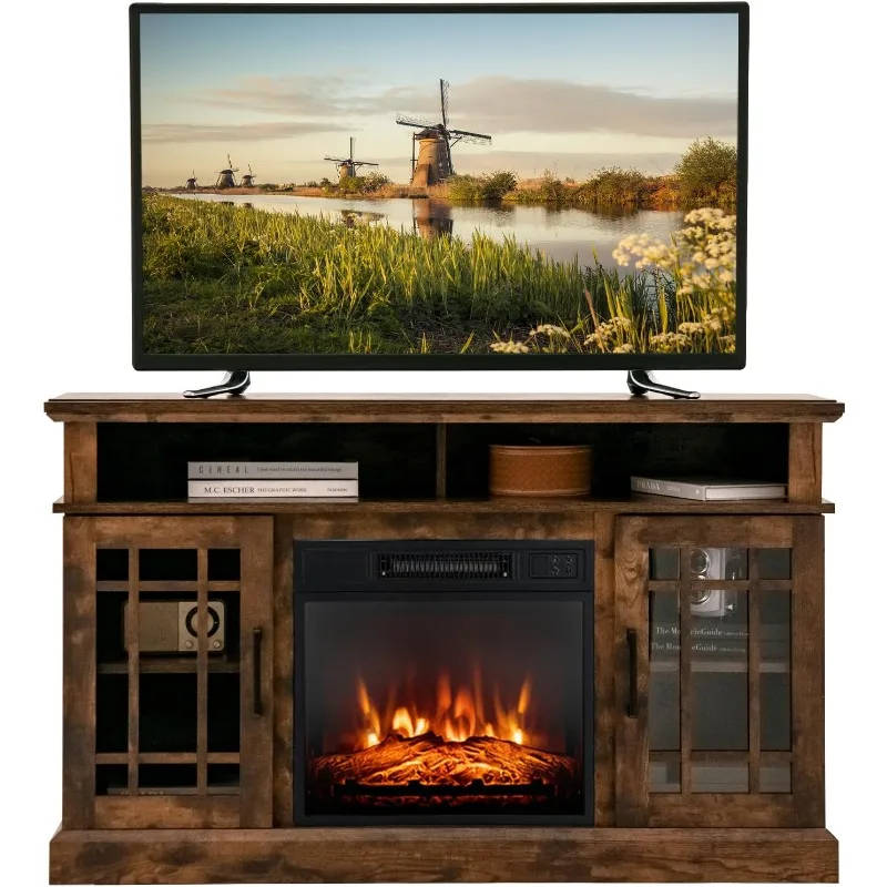 COSTWAY Electric Fireplace TV Stand for TVs Up to 55 Inches, 18-Inch Fireplace Insert with Remote, Overheat Protection