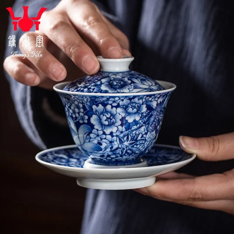 Zhongjia Kiln Porcelain Gaiwan Hand Painted Wanhua Firewood Kiln Blue and White Small Three Pieces Tea Making Cover Teacup High-