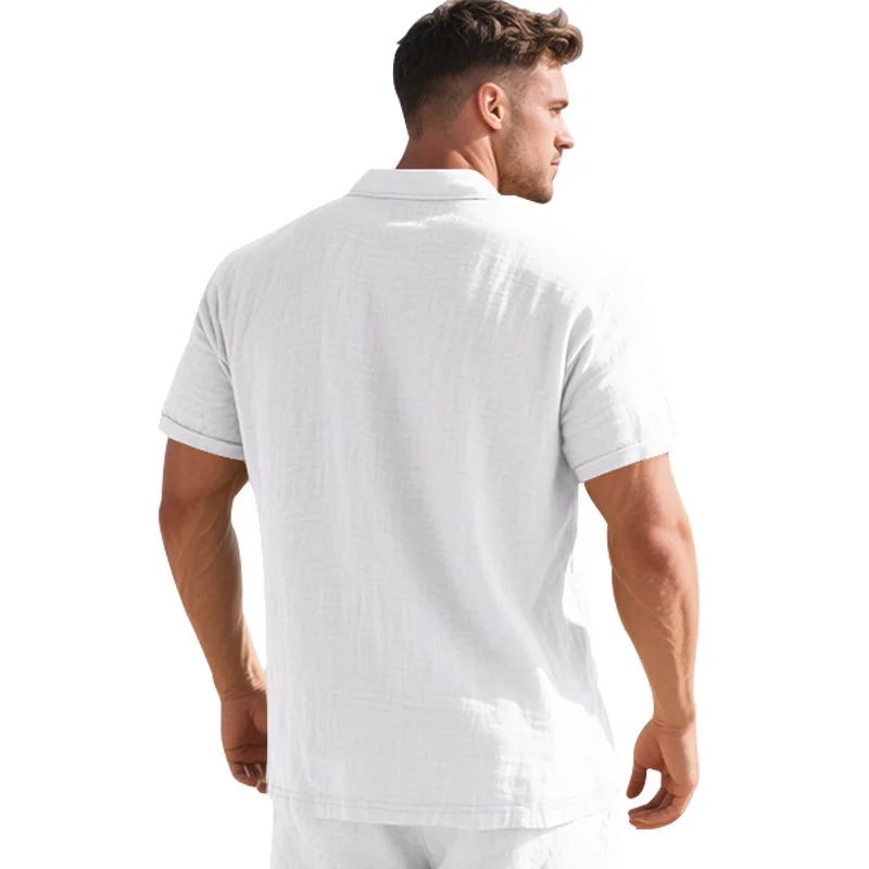 Hochwertiges Leinen-Poloshirt mit kurzen Ärmeln für Herren, lässig, locker, bequem, Sommer-T-Shirt mit Knopfverschluss und Umlegekragen. – Detail 3