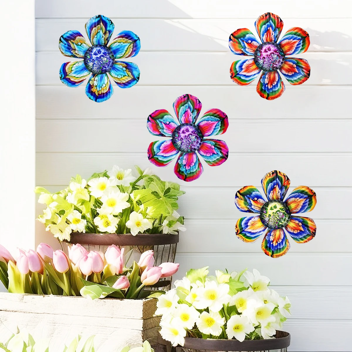 GEEYANG 1PC Colorful Metal Flower Wall Decor Wrought Iron Hanging Art Indoor Outdoor for Home Garden Patio Fence Wedding Party