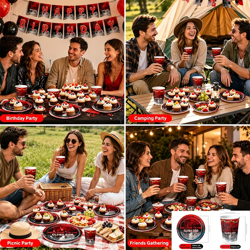 Stranger Things Tischdecke, Tasse, Serviette, Happy Birthday Banner, Ballon, Stranger Things Partydekoration, Einweg-Tischgeschirr-Set – Detail 1