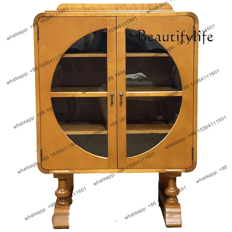 

Medieval solid wood small glass cabinet retro nostalgic dining side cabinet living room entrance wall decorative cabinet