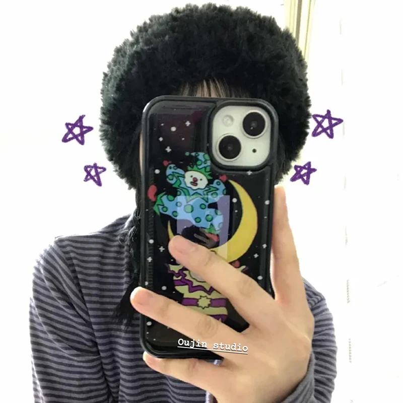 

Korean Ins Cute Star Moon Joker Black Border Drip Glue Phone Case For iPhone 17 Air 16 Pro Max 15 14 Plus 13 12 11 Back Cover