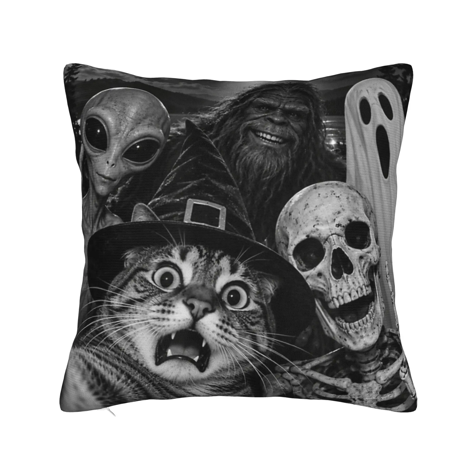 Halloween Cat Selfie Witch Skeleton Alien Bigfoot Ghost UFO Pillow Cover  Retro Trendy Pillow Case For Sofa Car Home Decor Cover