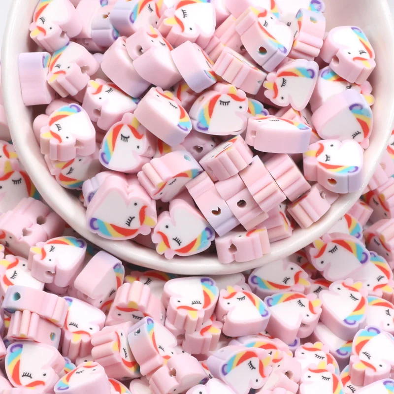 20/50/100pcs 10mm Cartoon Unicorn Polymer Clay Beads Loose Spacer Beads For Jewelry Making Bracelet Necklace DIY Accessories