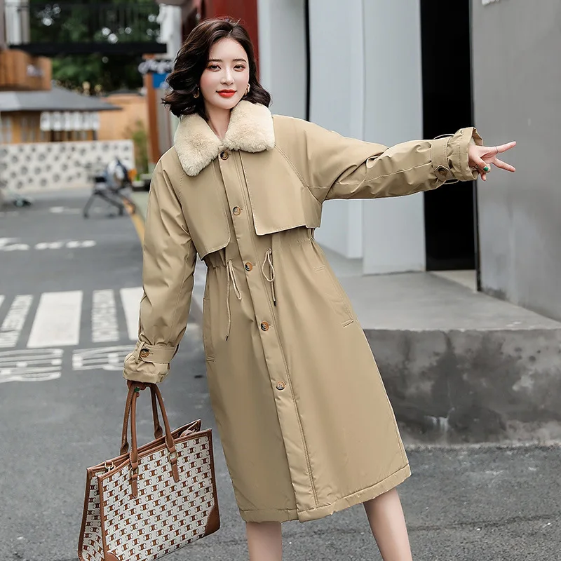 2024 Women's Winter Clothing Long Cotton-padded Clos College Style Overcome Warm Trendy Jacket Lapel Single-breasted Button