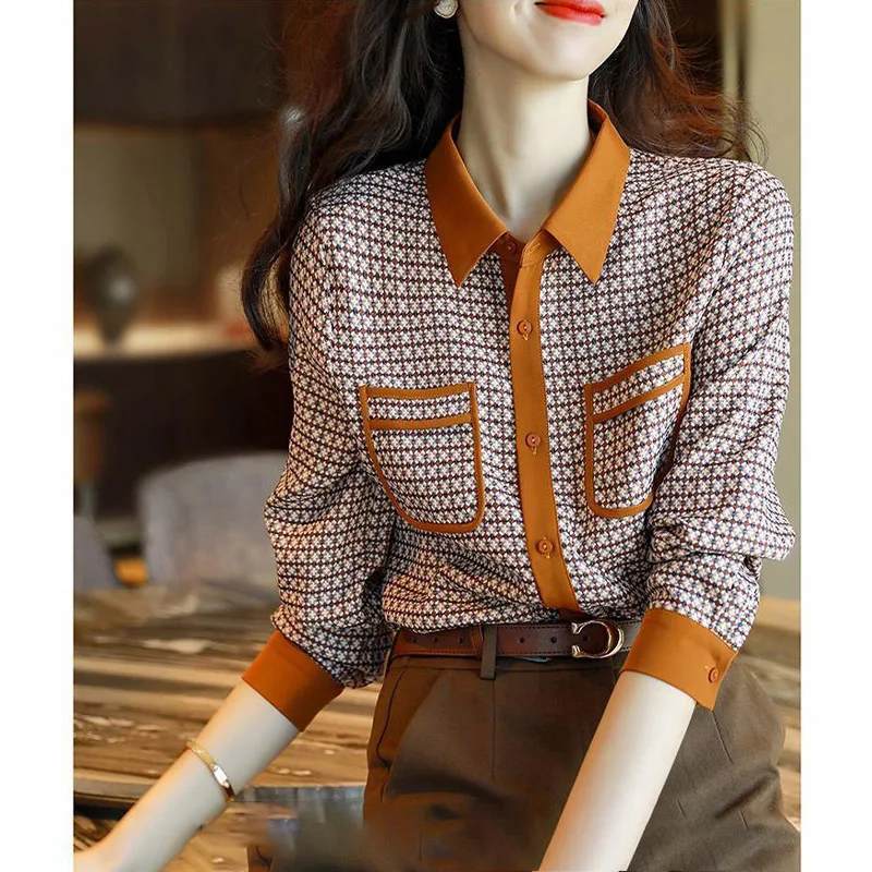 

Ретро-рубашка в клетку с цветовыми блоками, длинным рукавом, из шелка, свободного кроя, повседневная, модная, для осеннего сезона, женский премиум-топ