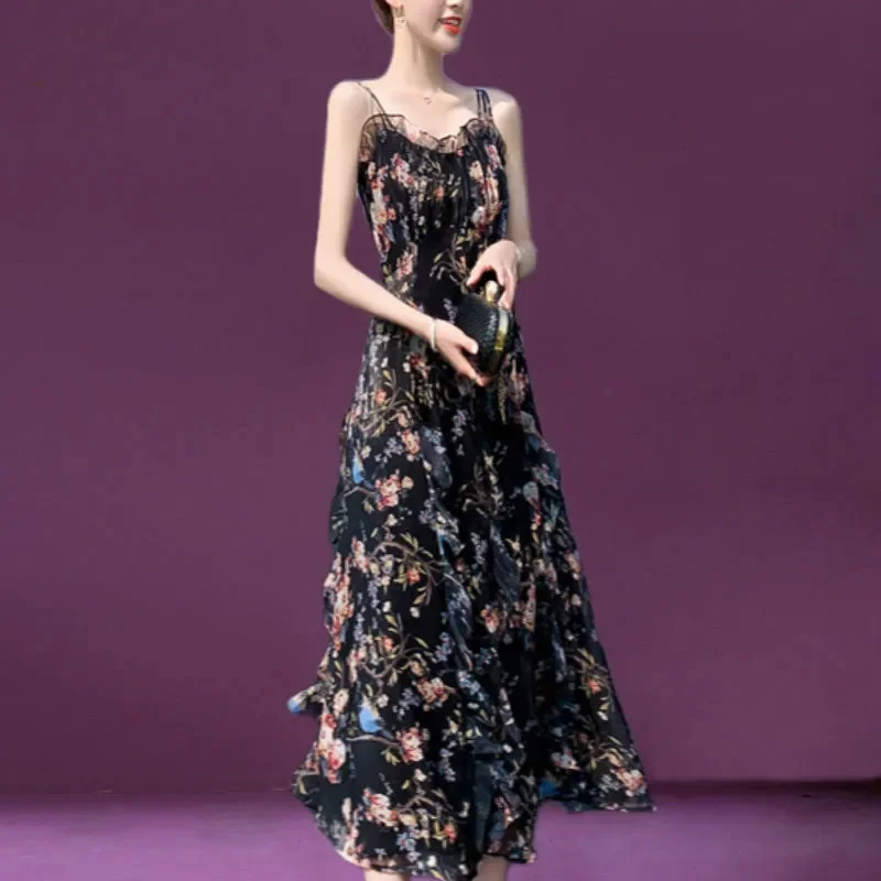 

French Female Large Size 4XL Floral Print A-line Vestidos Summer Ladies Chiffon Maxi Dress 2025 Women Suspenders Long Dresses